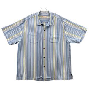Tommy Bahama XL Blue‎ Stripped 100% Silk Hawaiian Short Sleeve Button Down Men's